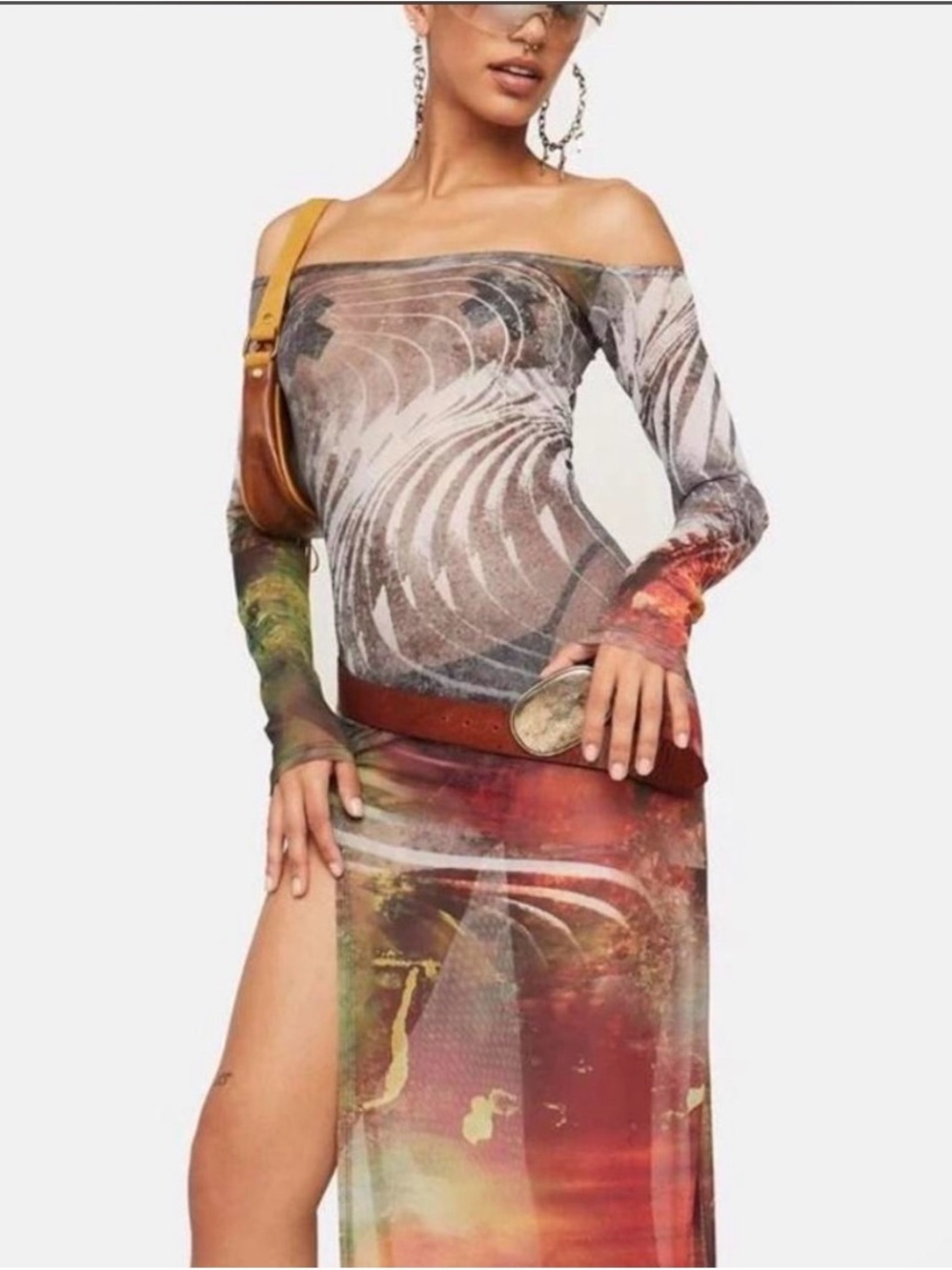 Jaded London Off-Shoulder Multicolor Printed Mesh Maxi Dress